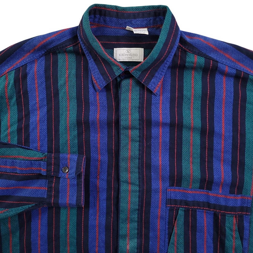 Valentino Uomo Shirt Mens S Blue Green Vertical Stripe Jewel Tone Button Up VTG